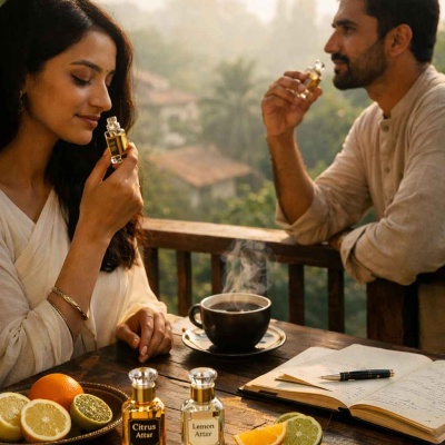 Citrus and lemon attars sparkle in quiet morning air